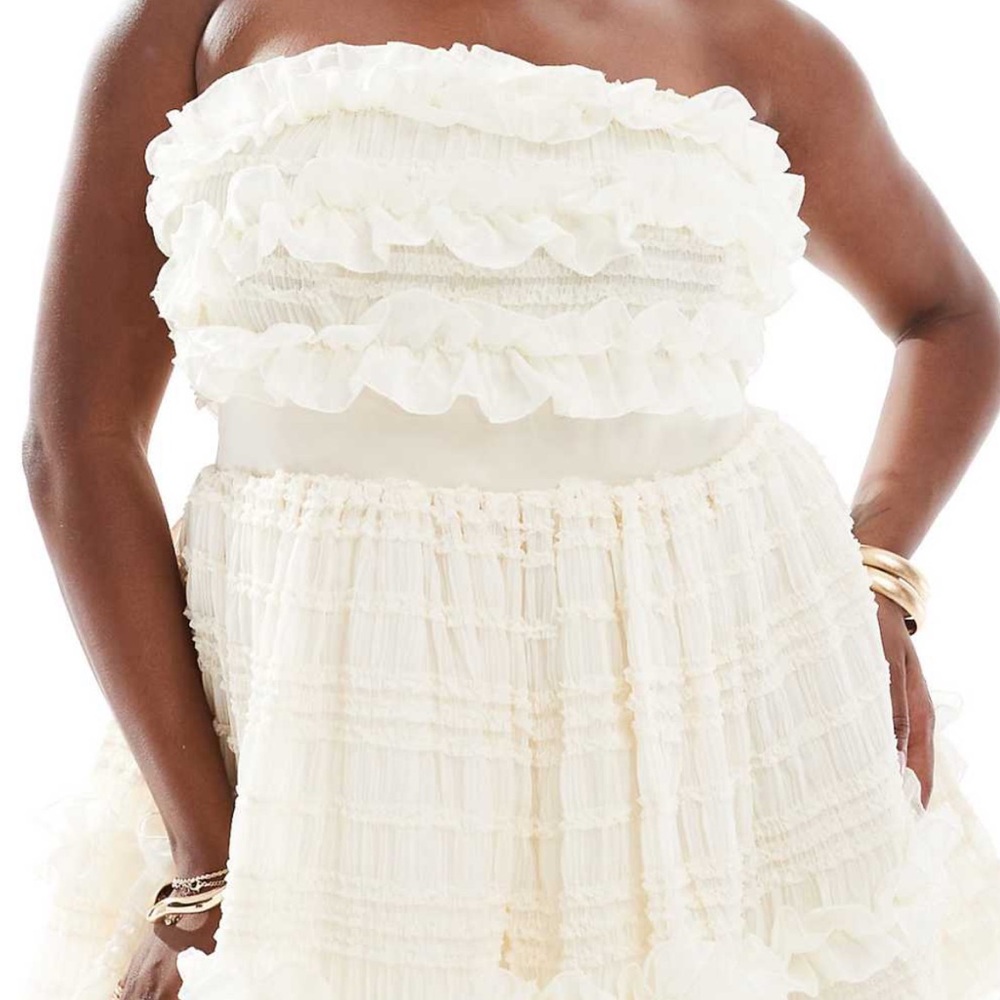 Elegant Strapless Ruffle Dress - Cream